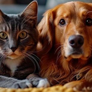 Un gato y un perro mirando a la cámara